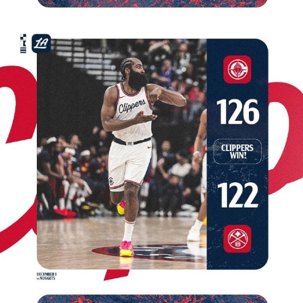 九游娱乐 哈登39+9+11约基奇空砍28+14+11 快船险胜掘金